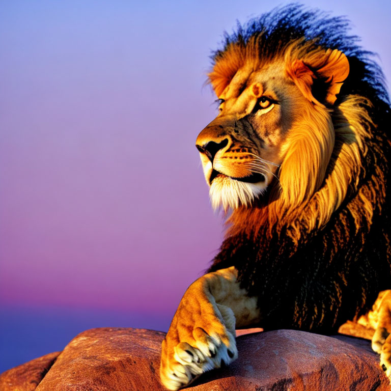 Majestic lion with full mane against vibrant sunset sky