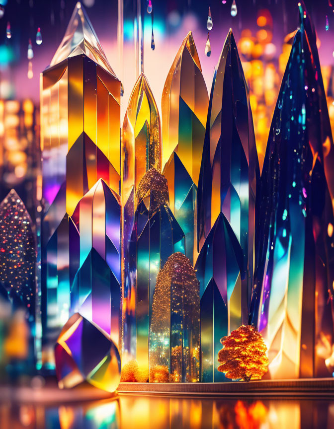 Vibrant Crystal Cityscape Figurines with Bokeh Effect