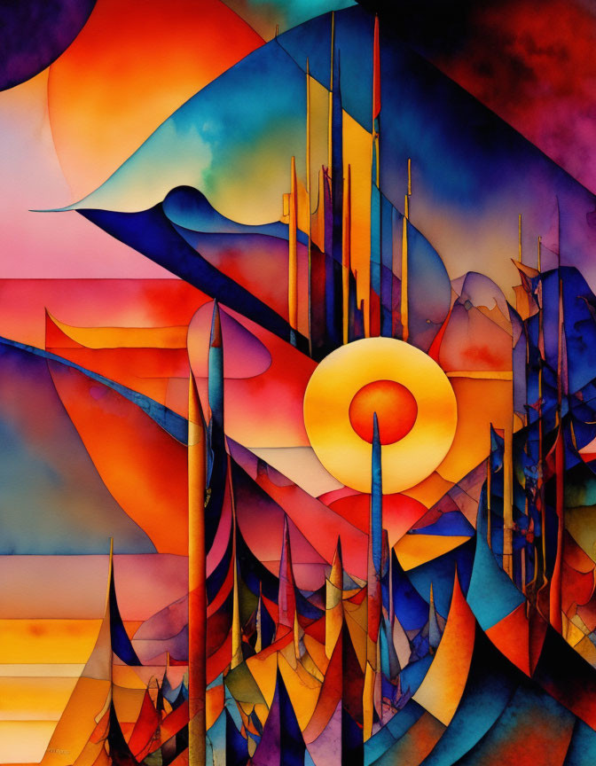 Vibrant Abstract Watercolor Painting of Geometric Shapes and Stylized Sun