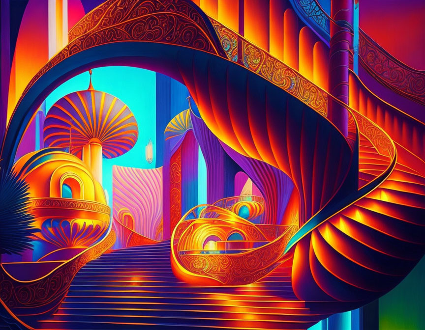 Colorful Stylized Interior with Grand Staircase and Neon Glow