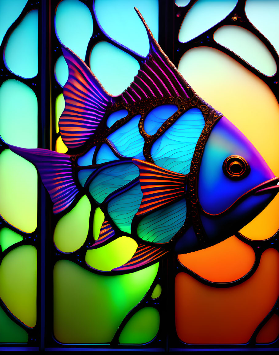 Vibrant stylized fish illustration on multicolored stained-glass background