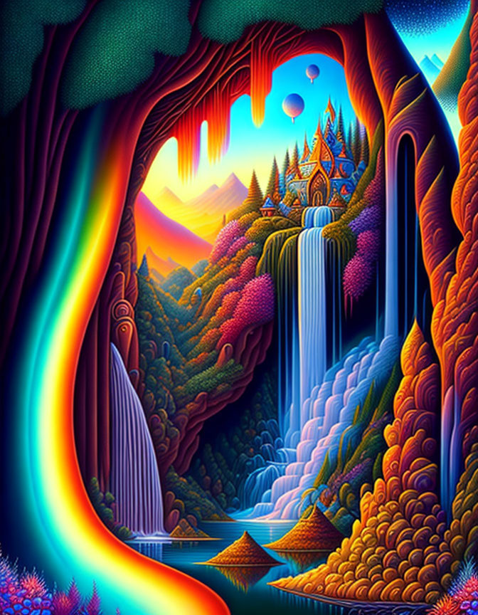 Fantastical landscape with colorful trees, waterfalls, and a castle at sunset