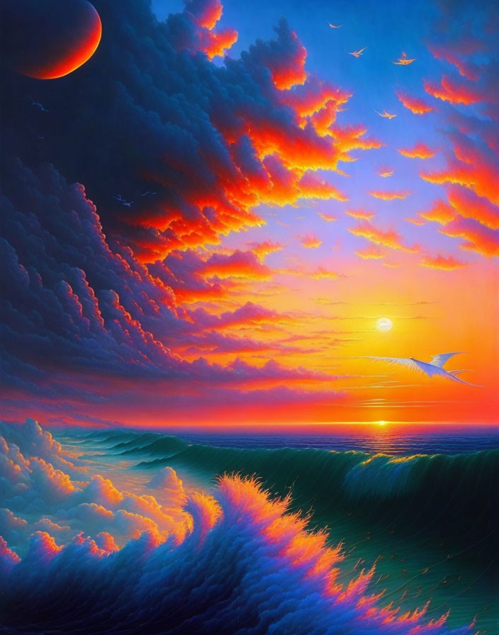 Colorful Sunset Painting with Red Planet, Clouds, Birds, and Ocean Waves