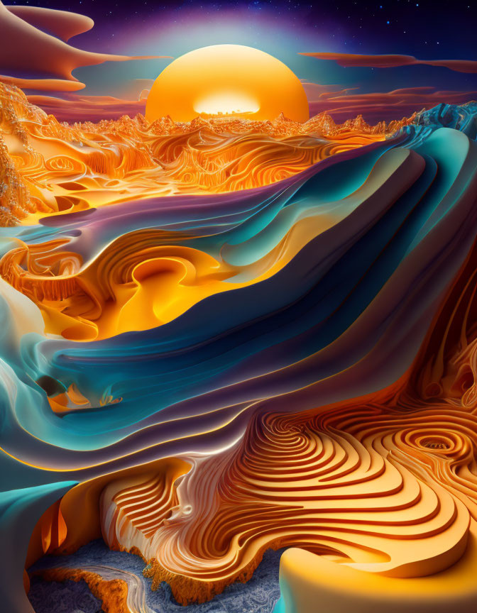 Vibrant surreal landscape with flowing blue and orange formations