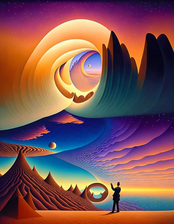 Colorful waves, circular portal, mountains: surreal landscape with starry night sky