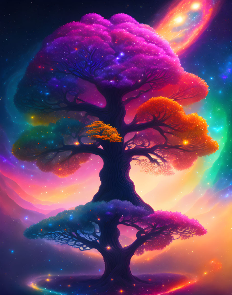 Colorful digital artwork: Fantastical tree with neon leaves on cosmic backdrop