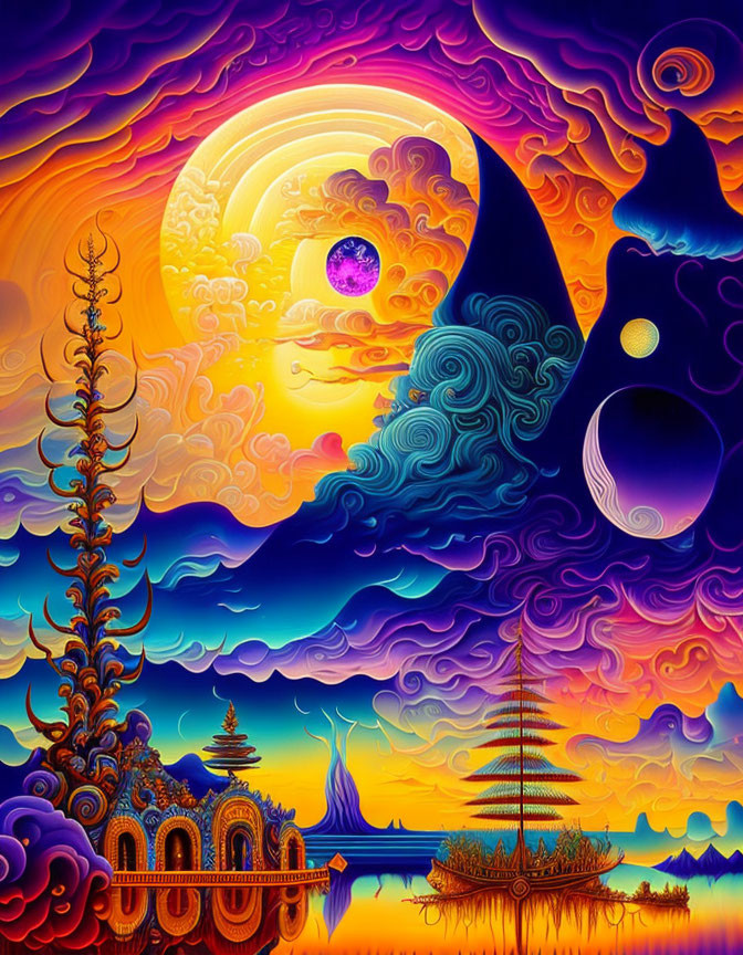 Colorful Surrealist Landscape with Sky, Sun, Moon, Trees, and Water Temple