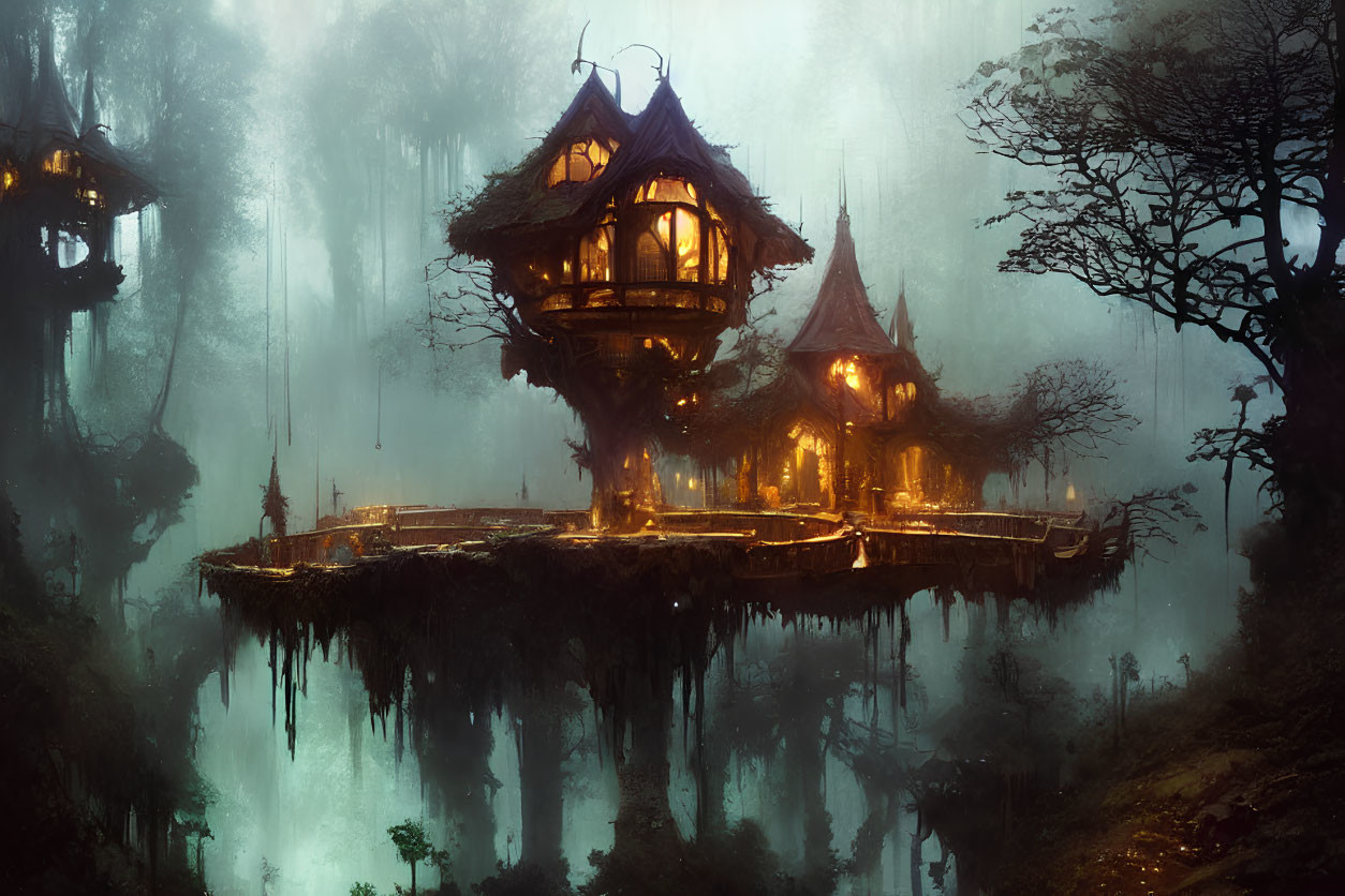 Mystical Treehouses on Floating Island in Foggy Forest