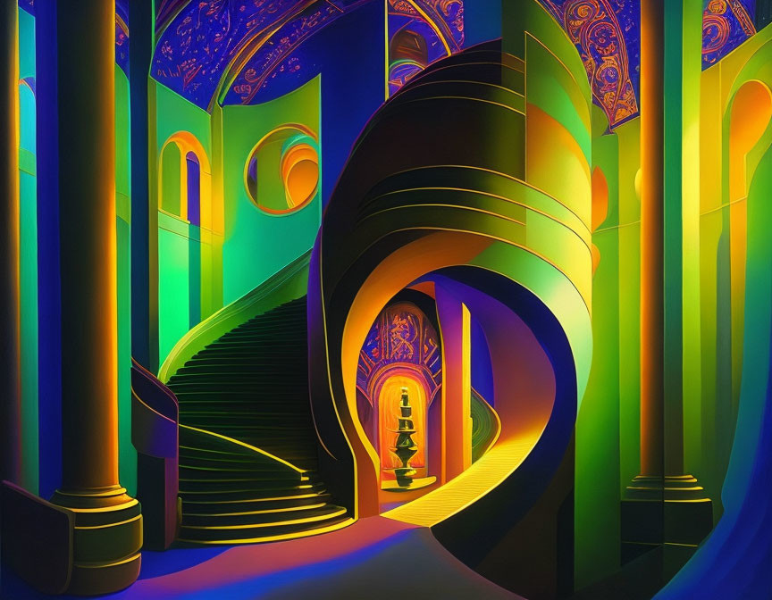 Colorful surreal interior with sweeping staircase, arches, and glowing light