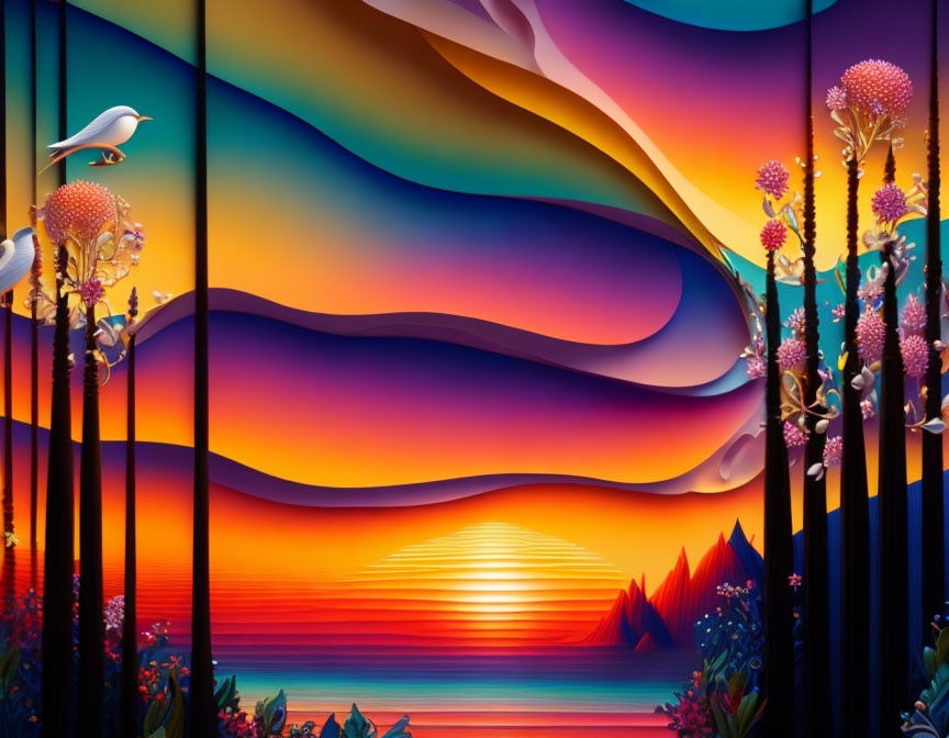 Digital art: Stylized sunset with waves, mountains, seagull, and colorful flora on