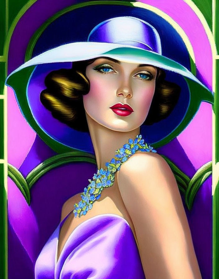 Illustration of woman with wavy bob haircut in purple hat and outfit