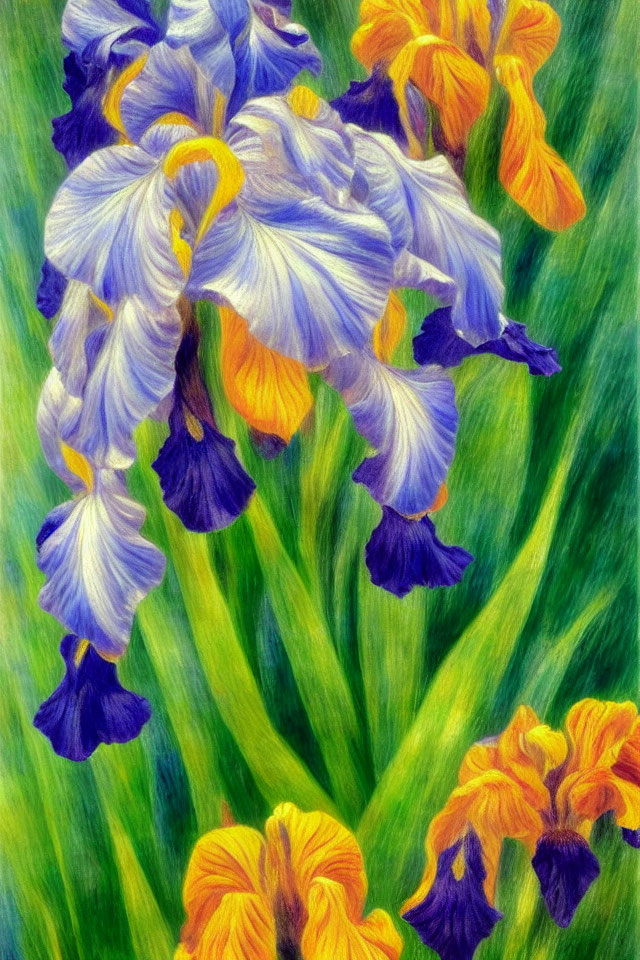 Detailed Purple and Yellow Irises Painting with Green Foliage