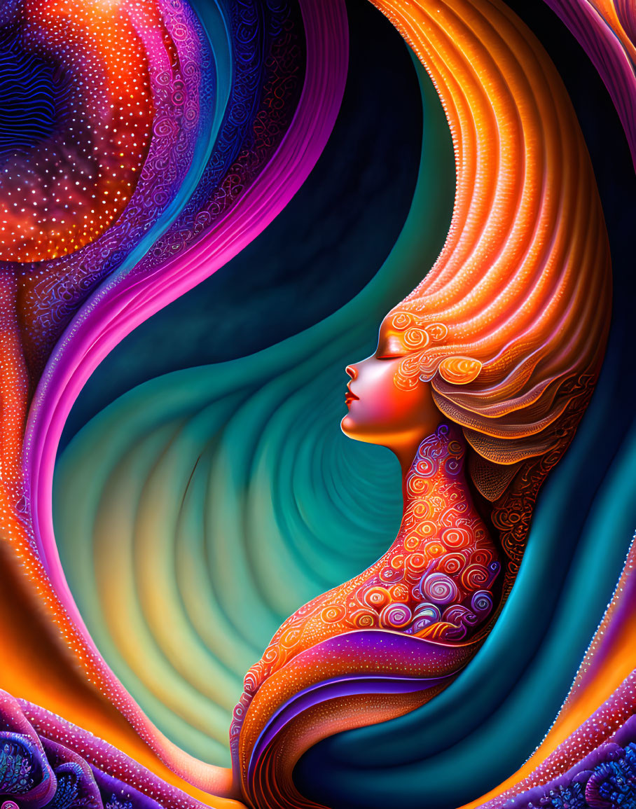 Colorful Digital Artwork: Woman's Profile with Flowing Hair and Swirling Patterns