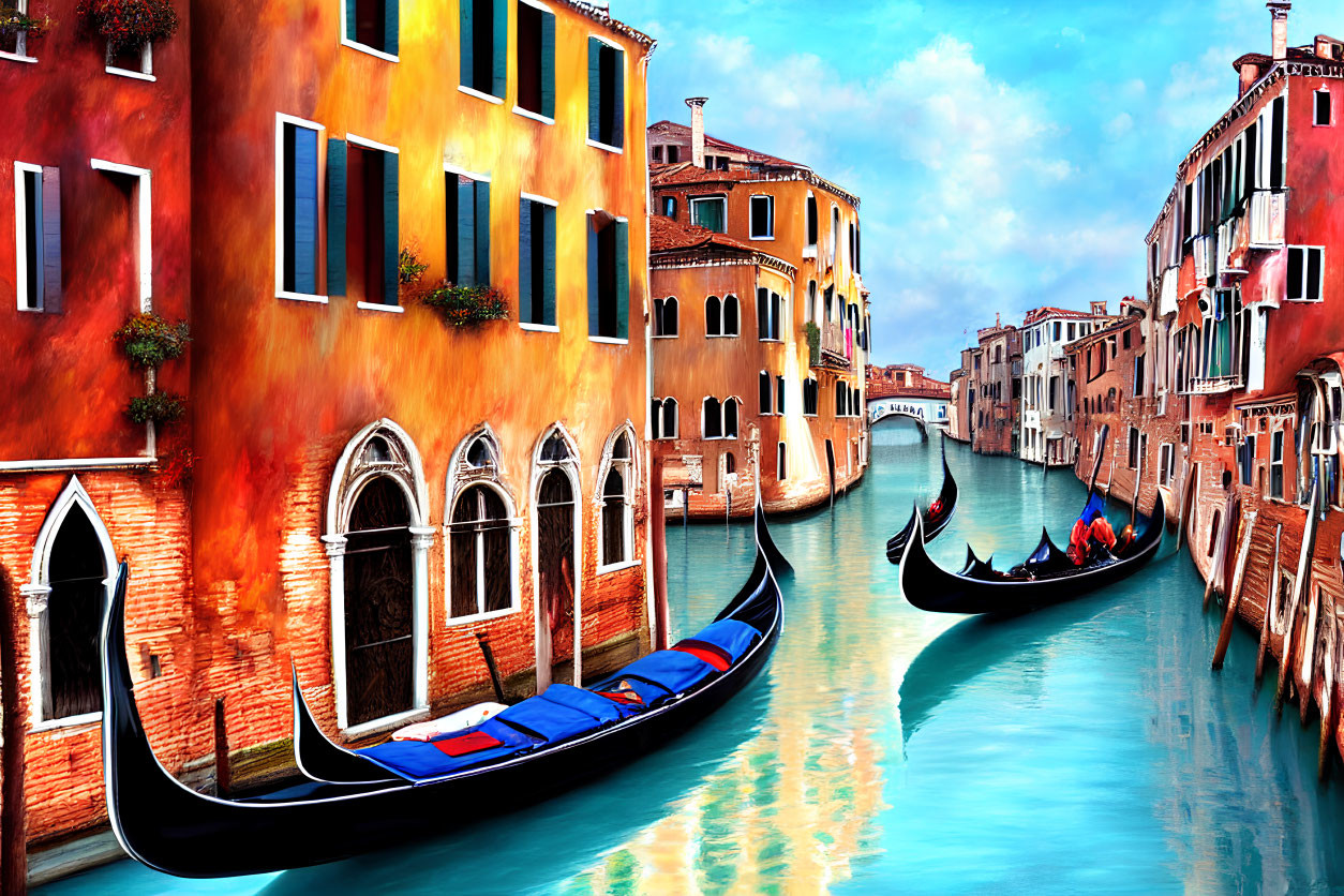 Venice Canal Scene with Gondolas and Colorful Buildings