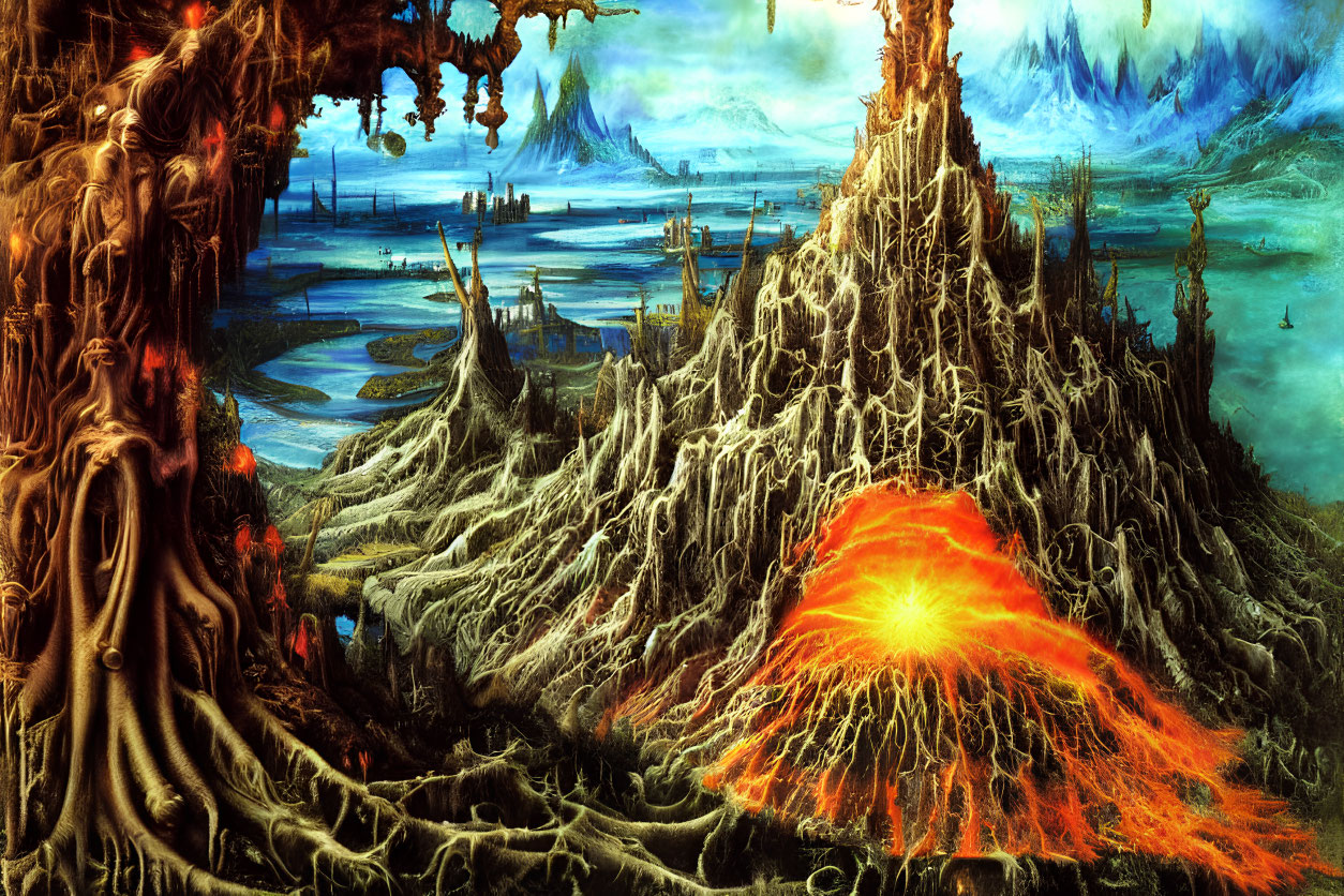 Fantastical landscape with fiery volcano and surreal terrain