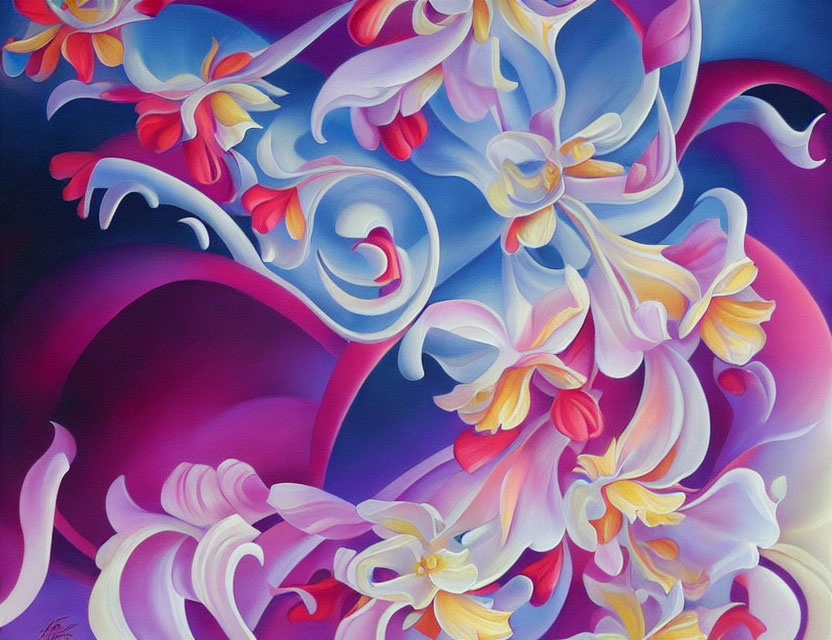 Colorful Abstract Painting: Swirls and Floral Patterns in Blue, Purple, Pink, Yellow