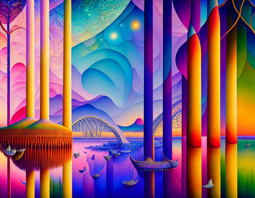 Colorful forest scene with stylized trees, bridge, sailboats, and whimsical sky