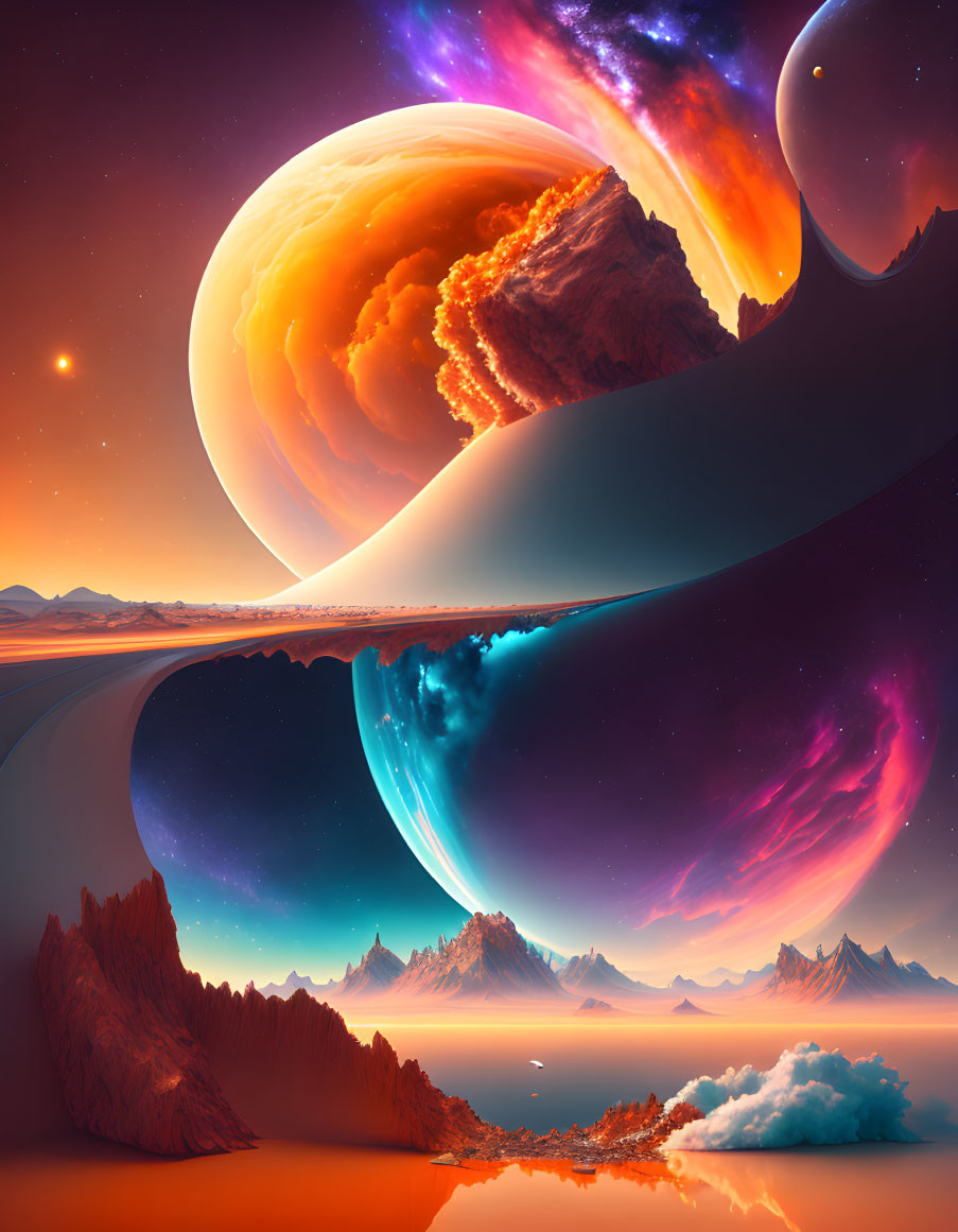 Colorful Sci-Fi Landscape with Colossal Planets and Surreal Terrain