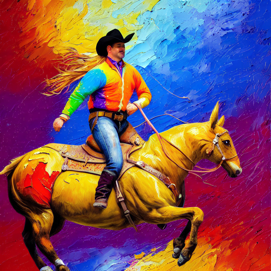 Colorful Paint Splash Background with Cowboy Riding Horse