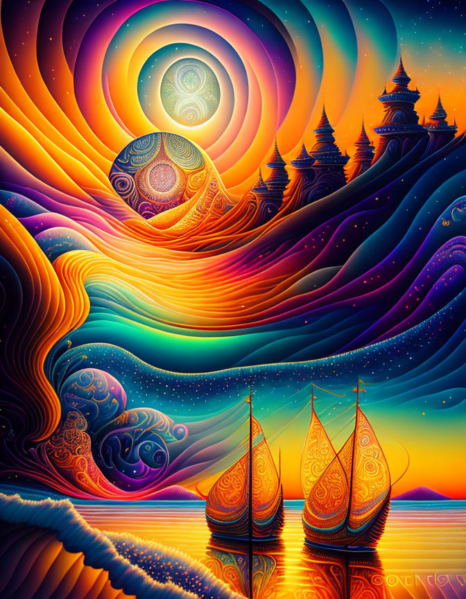 Colorful Psychedelic Artwork: Swirling Patterns, Boats, Temples, Surreal