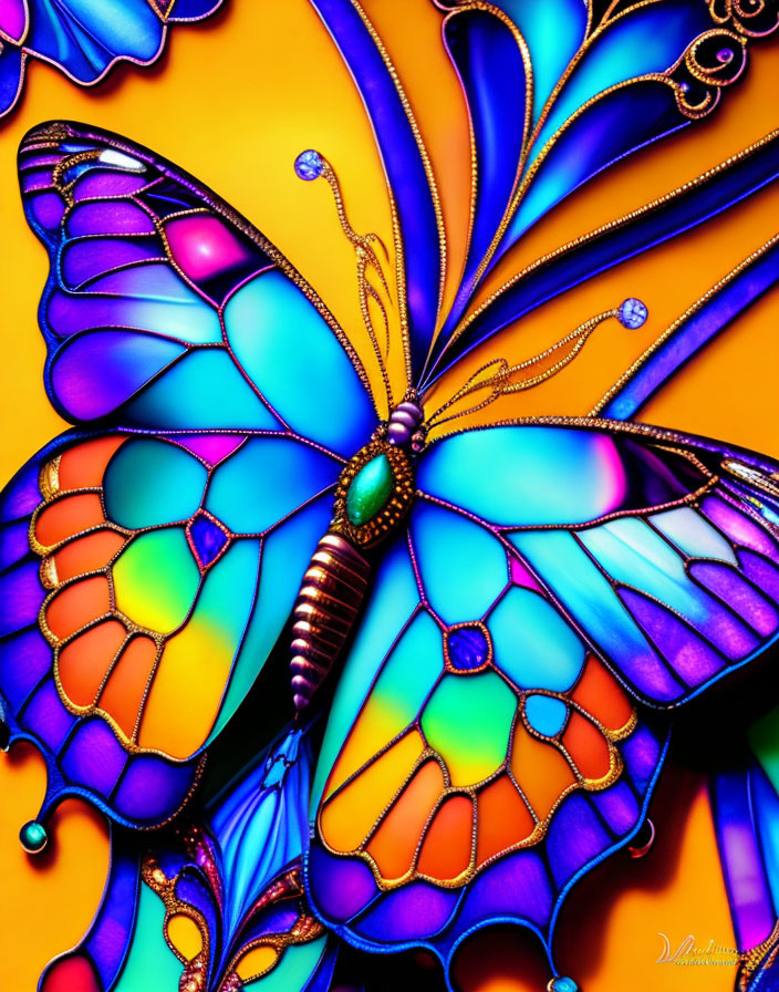 Colorful Butterfly with Iridescent Wings on Yellow Background