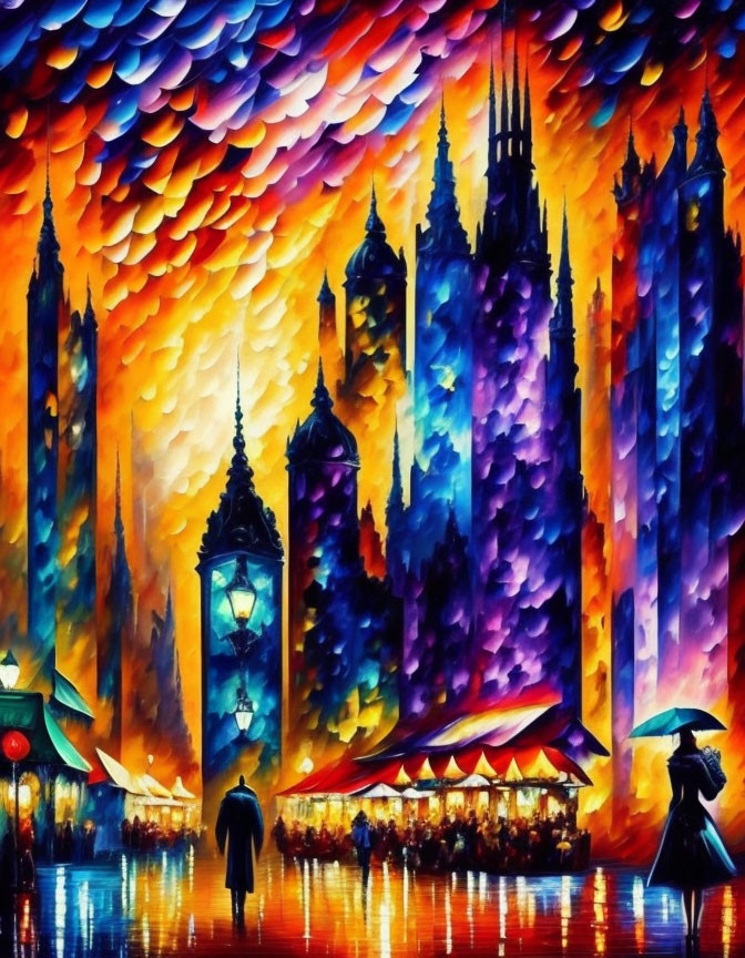 Colorful painting of person with umbrella near market stalls and vibrant buildings under textured sky