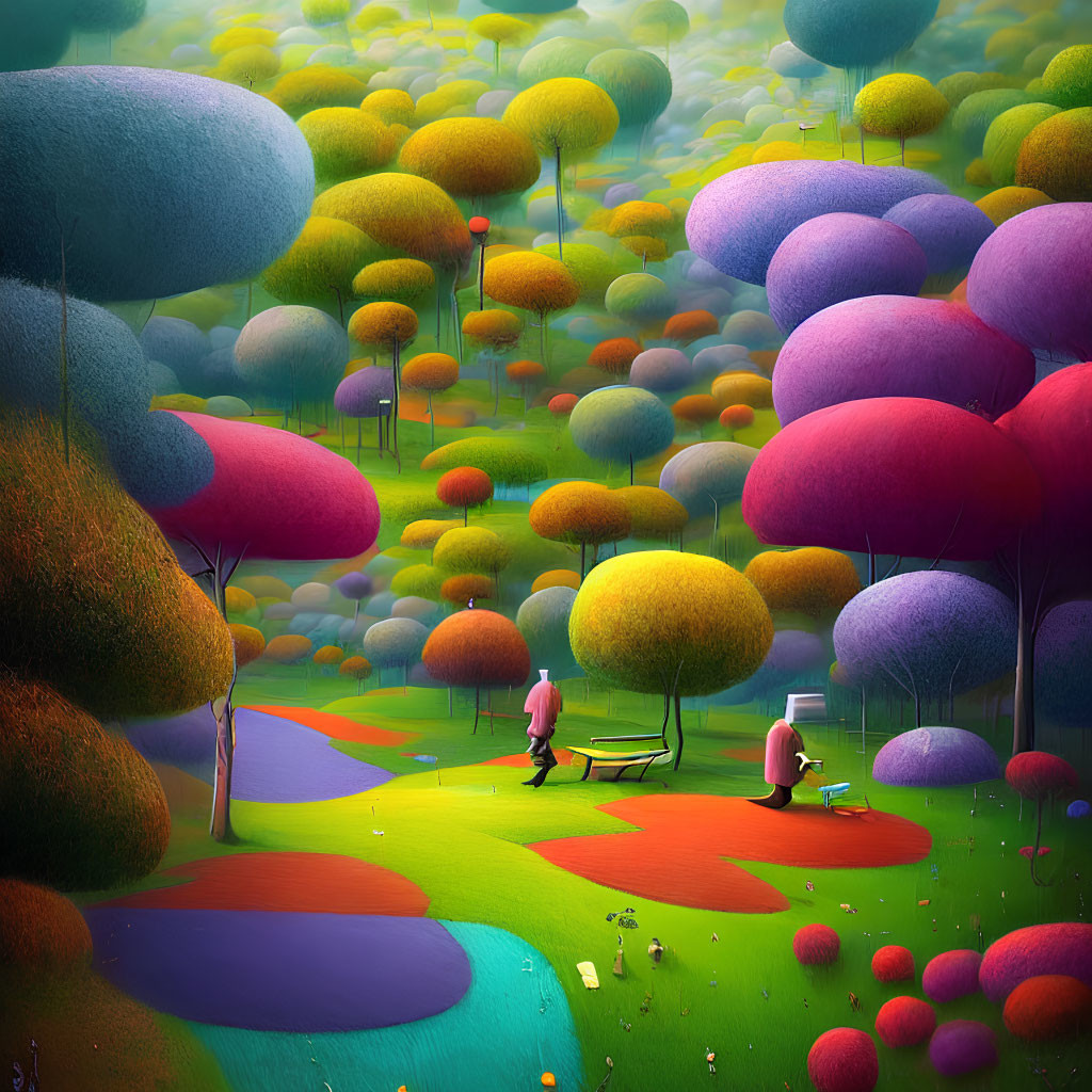 Colorful landscape with tree-like structures and figures in vibrant setting