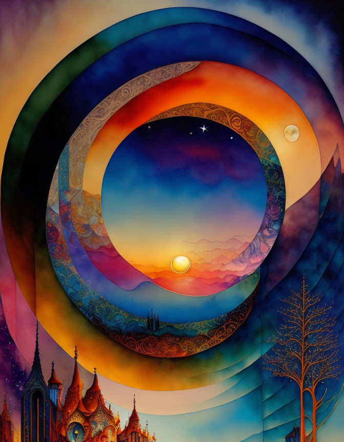 Vibrant surreal painting: concentric circles with night to dawn gradient hues, stars, sun,