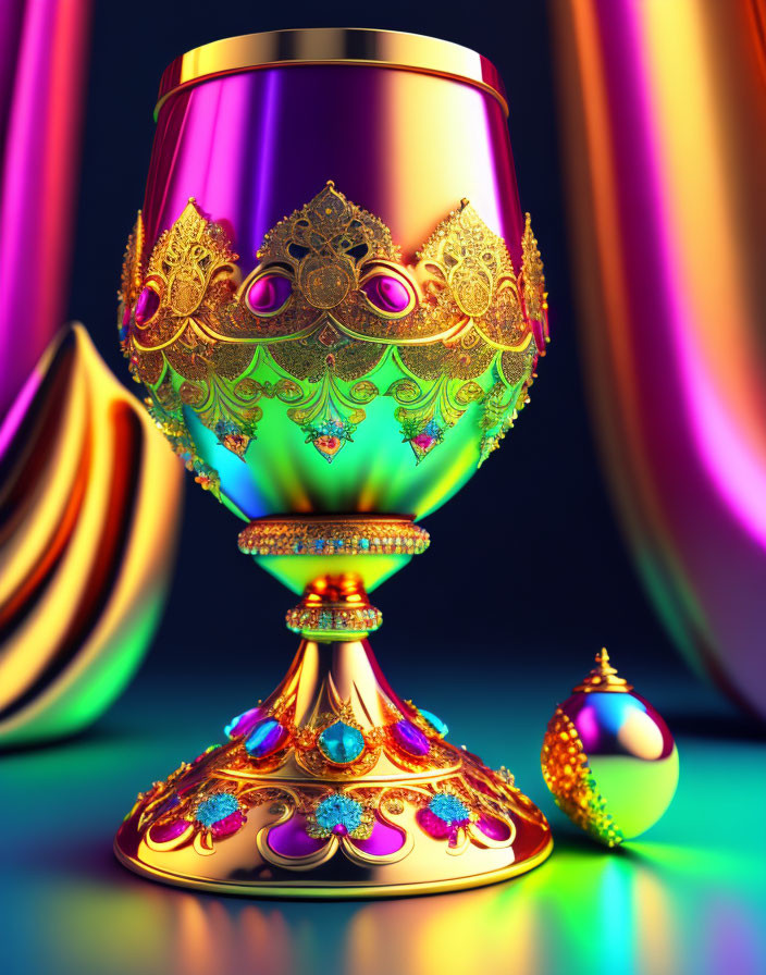 Ornate Golden Chalice with Jewel Embellishments and Colorful Drapes