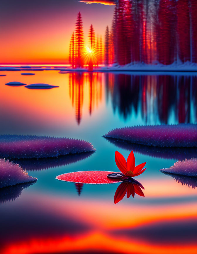 Serene lake at sunset with red and blue hues, snow-edged lily pads, and red