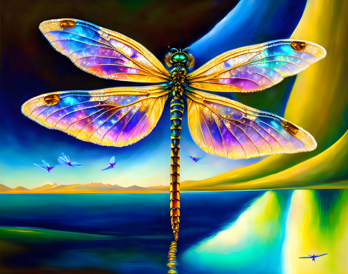 Colorful Dragonfly Art with Iridescent Wings and Surreal Landscape