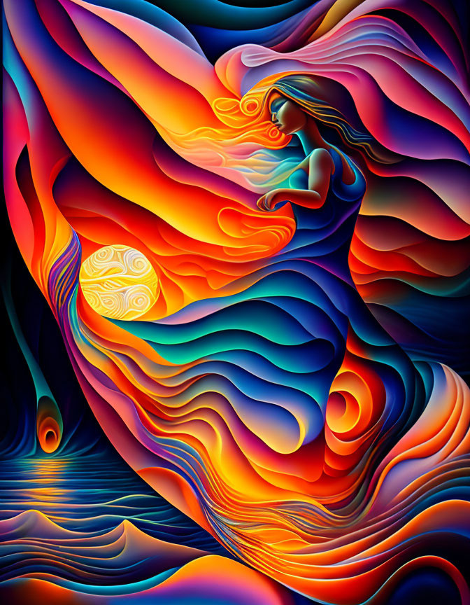 Colorful Abstract Painting of Stylized Female Figure in Red, Blue, and Orange