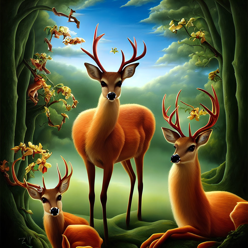 Illustration of Four Deer with Tree Branch-Like Antlers in Lush Forest