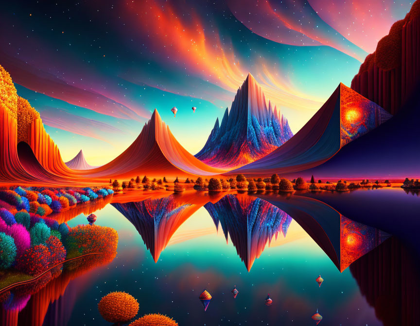 Colorful Surreal Landscape with Undulating Hills, Tranquil Lake, and Hot Air Balloons