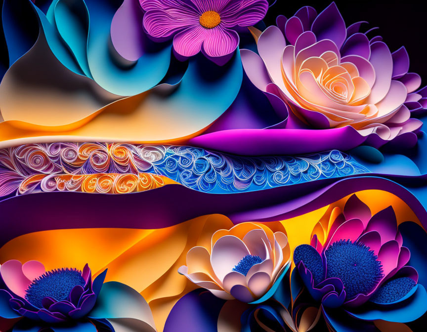 Colorful digital artwork: stylized flowers on dark background