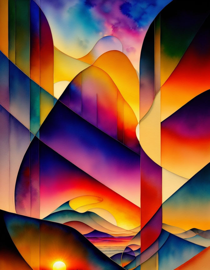 Colorful Abstract Painting: Warm Wavy Shapes in Surreal Landscape