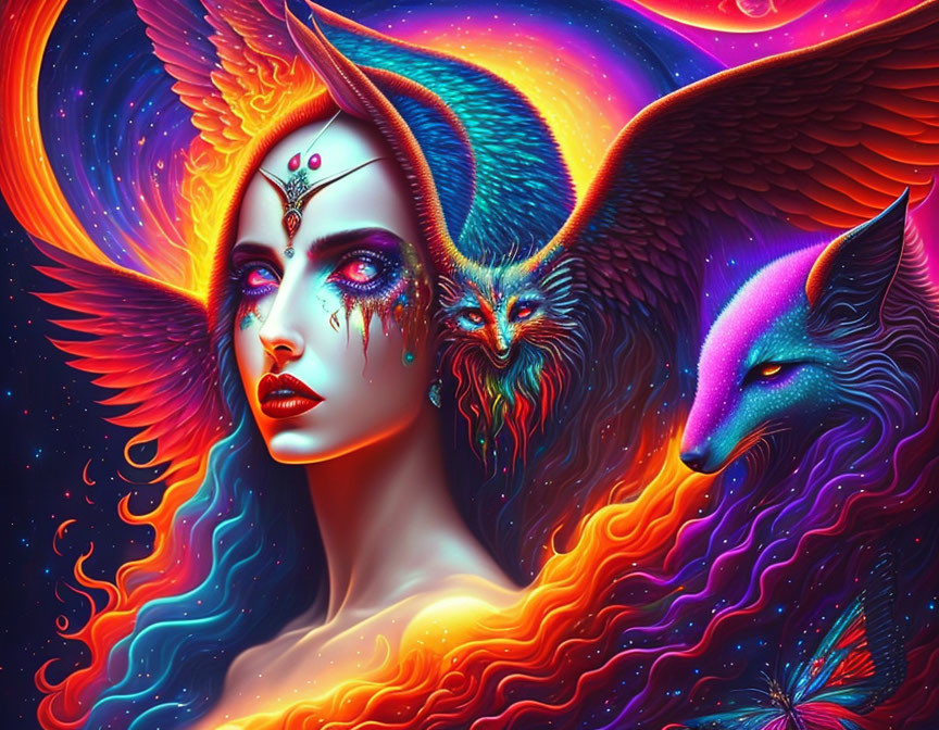 Colorful Fantasy Illustration of Woman with Winged Creatures