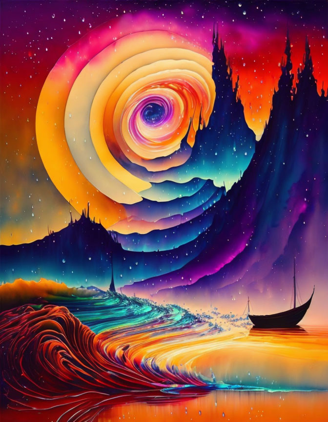 Colorful surreal landscape with celestial bodies, pine forests, and a boat