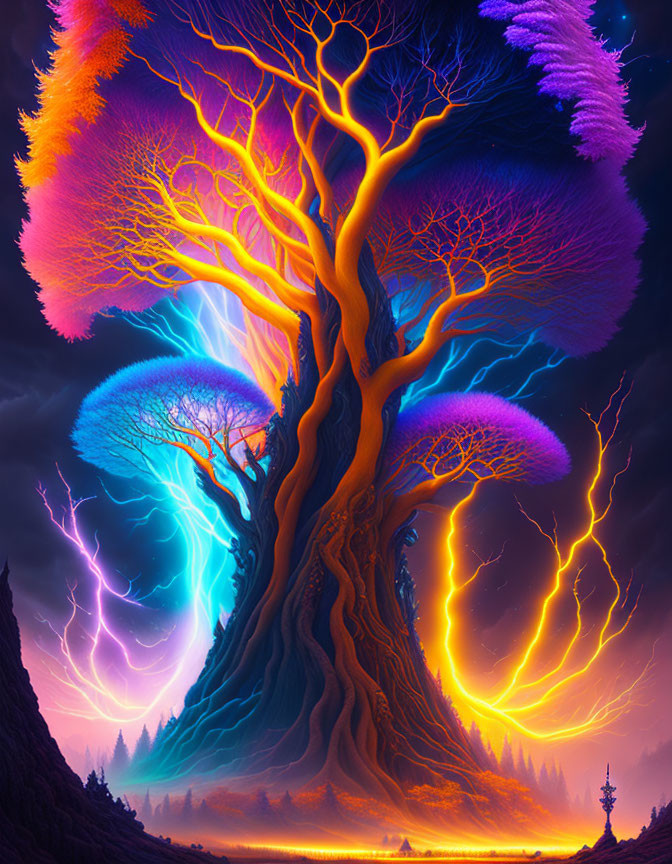 Vibrant digital painting of majestic tree with rainbow-colored leaves and lightning in mystical landscape