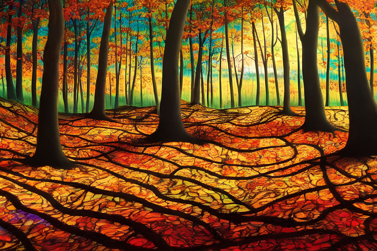 Colorful Autumn Forest in Stained-Glass Style