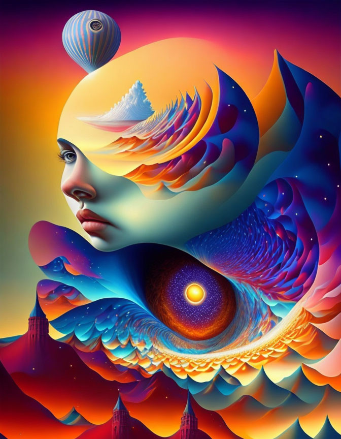 Colorful artwork: woman's face merges with cosmic and natural elements, including waves, mountain, space