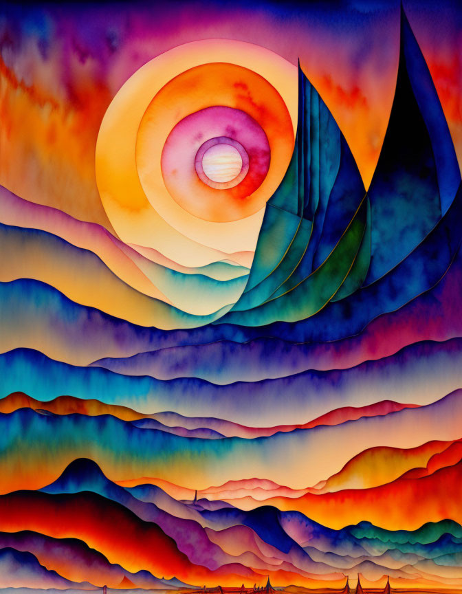 Colorful Abstract Painting of Sailboats on Wavy Seas at Sunset