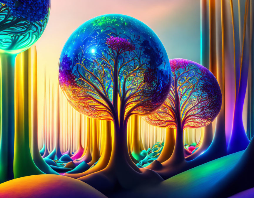 Neon-colored tree-like structures and glowing orbs in a fantastical forest