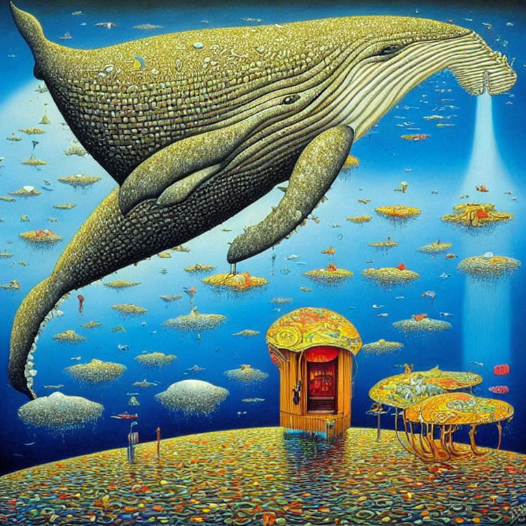 Surreal painting of giant flying whale above floating islands and whimsical hut