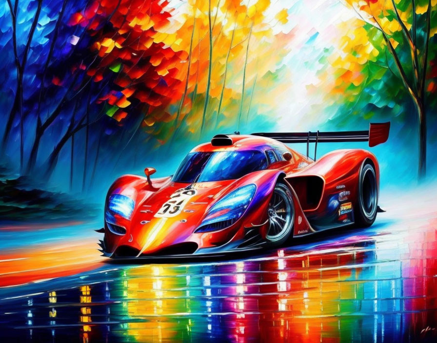 Colorful painting of red race car with number 33 on wet road, surrounded by autumn trees