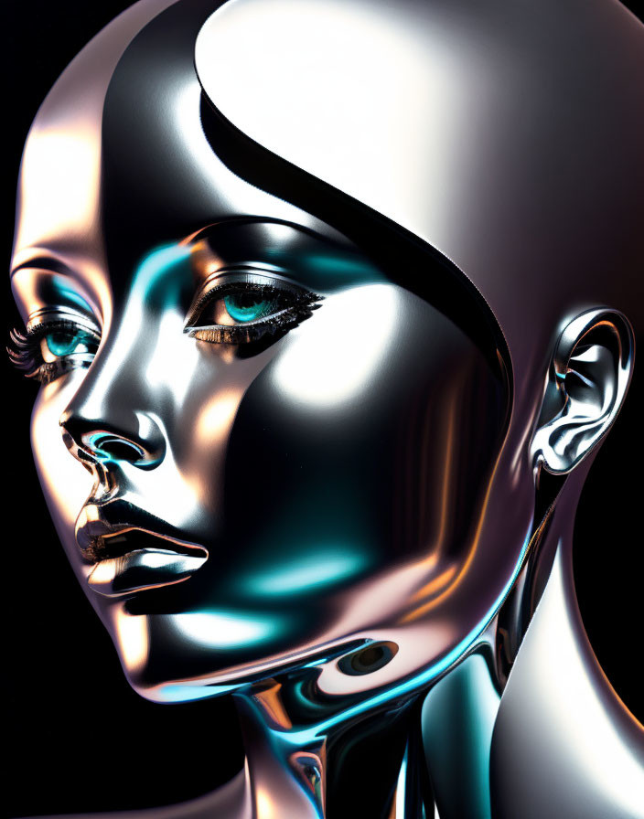 Detailed Metallic Humanoid Face with Black and White Tones