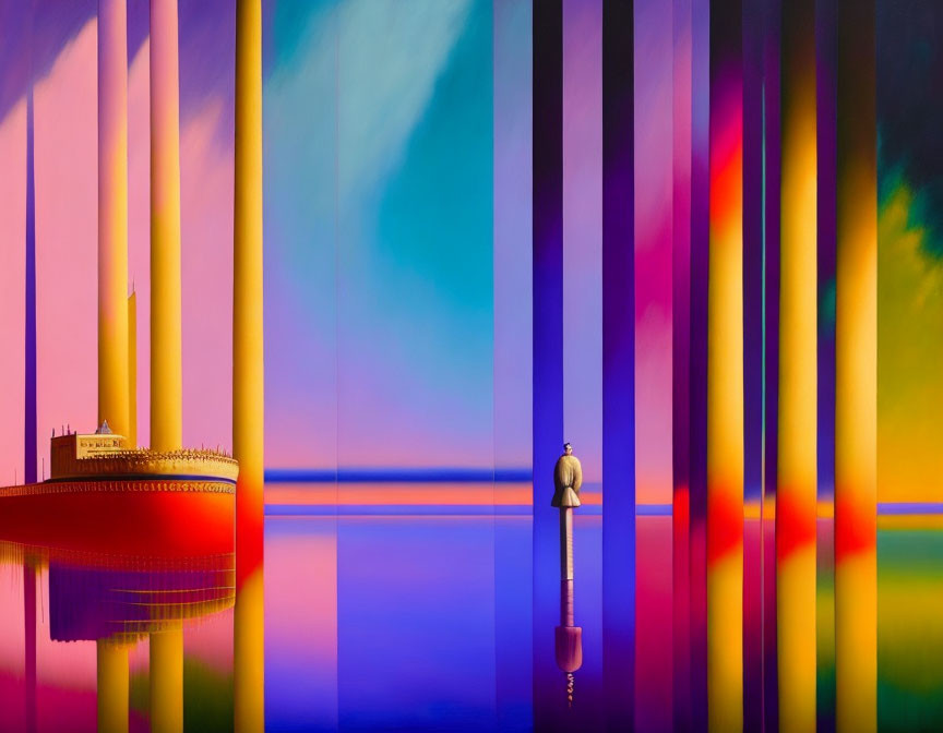 Colorful Vertical Stripes Reflecting Person and Boat on Mirrored Surface