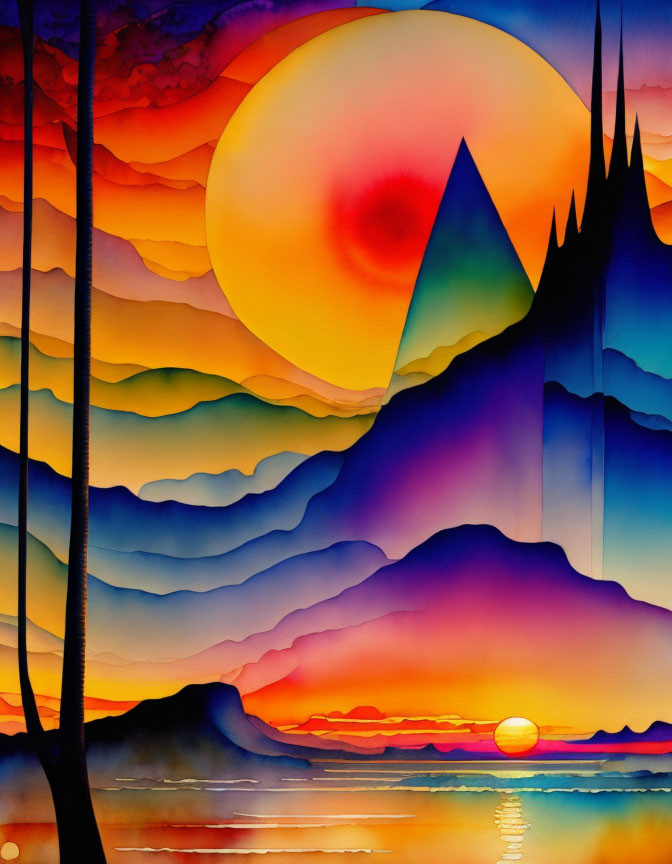 Surreal sunset watercolor painting with layered mountains and castle silhouette