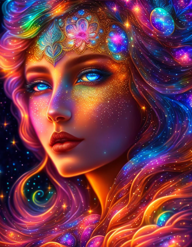 Colorful portrait of mythical woman with cosmic-inspired elements