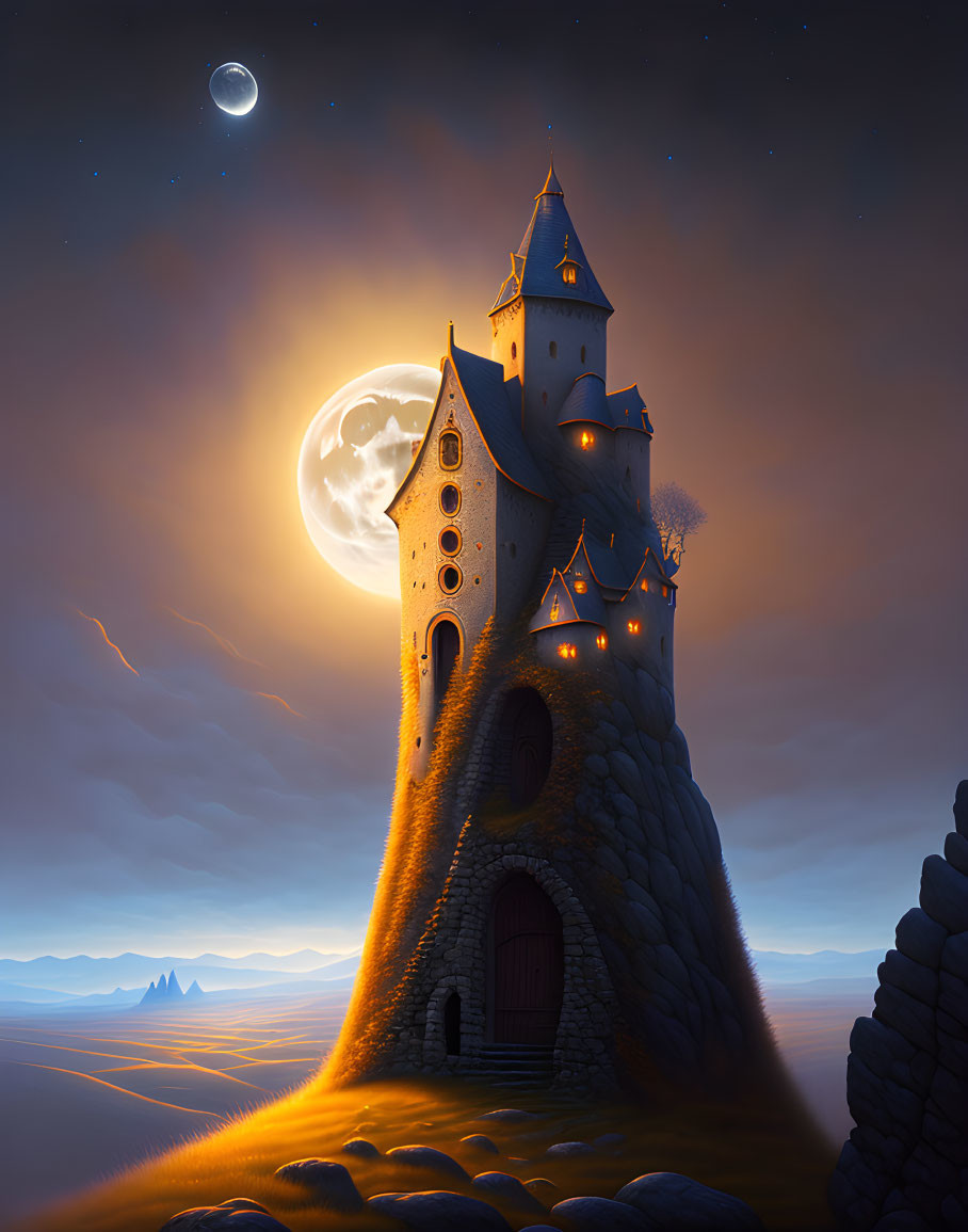 Fantasy tower on hill under starry sky with crescent moon